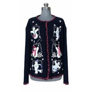 Quacker Factory Cardigan L Ramie Cotton Snowman Christmas Holiday Vtg Novelty